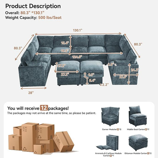 130" Blue Oversized Modular Storage Sofa, U Shaped Chenille Cloud Couch | Oversized Convertible Sectional Sofa, 9-Seat Sectional Couch With 2 Ottomans, Large Cloud Couch For Living Room, Apartment.