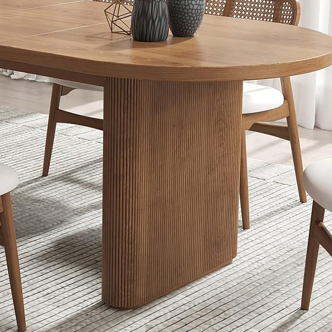 homary Extendable Oval Dining Table 63"-79", Japandi Style Kitchen Table for 4-6 People, Double Pedestal Base, Space-Saving Design for Family Gatherings, Holiday Dinners (Table Only)