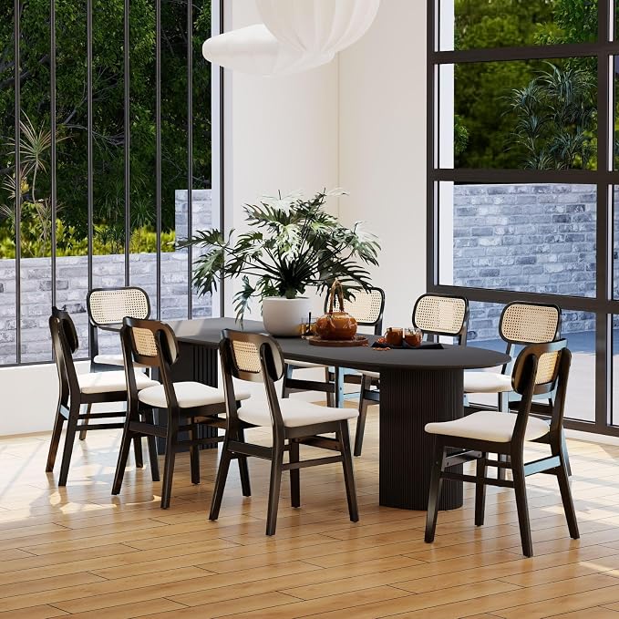 ROCITY Rattan Dining Chairs Set of 4 Black Wooden Dining Room Chairs White Faux Leather Kitchen Chairs with Back Farmhouse Side Chairs