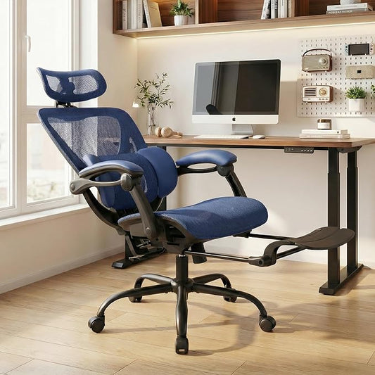 MALOL Ergonomic Mesh Office Chair with Footrest, Executive High Back Computer Desk Chair with 3D Adjustable Headrest & 5-Level Lumbar Support, Reclining Tilt Lock, 3D Arms, 300LBS Capacity, Blue