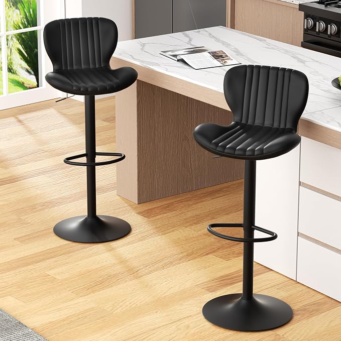 JAMFLY Bar Stools Set of 2, Leather Adjustable Barstools Counter Height Modern Bar Stools, Island Chairs Set of 2 for Kitchen, Black