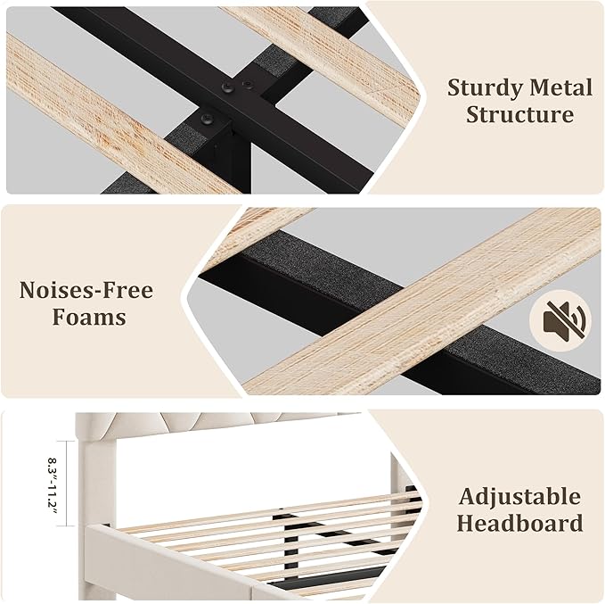 GAOMON Beige Twin XL Bed Frame with Upholstered Headboard, Heavy-Duty Platform Bed Frame with Strong Wood Slats, No Box Spring Needed/Noise Free/Easy Assembly
