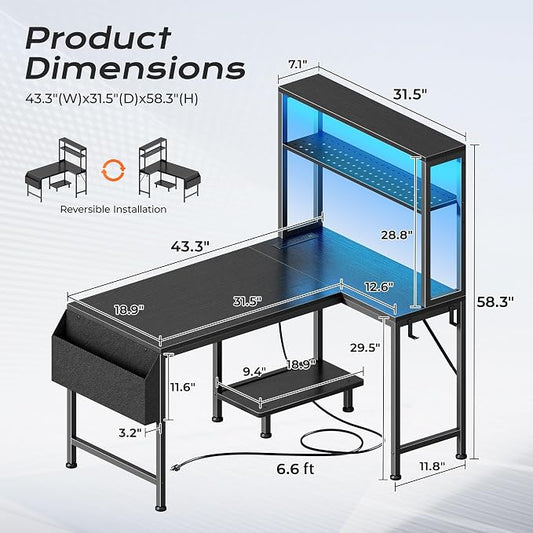 PRAISUN L Shaped Gaming Desk with LED Lights & Power Outlets, Reversible Computer Desk with Storage Shelves & Bag, Small Corner Home Office Desk with Pegboard for Work from Home, Black