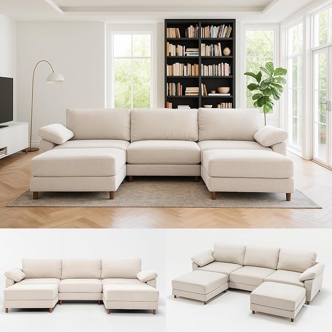 Oversized Modular Cloud Couch with Removable Washable Cover, U -Shaped Sectional for Large Living Room, Plush Chenille & Deep Seat(Beige)