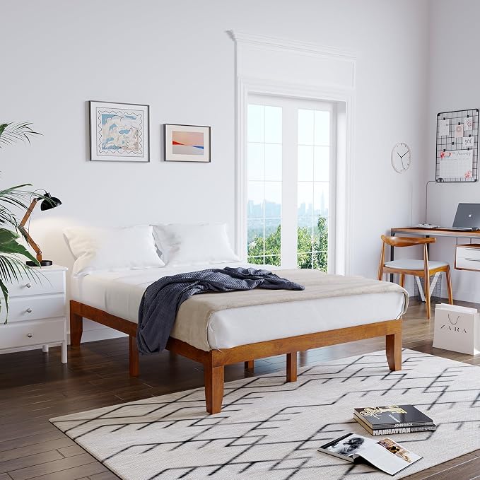 Giantex 14 Inch Queen Wood Platform Bed Frame, Minimalist Style Mattress Foundation with Solid Rubber Wood, Heavy Duty Slat Support, Without Headboard, Easy Assembly, No Box Spring Needed, Walnut