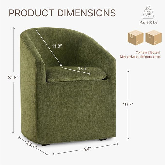 KISLOT Upholstered Dining Chairs with Casters, Washable Cover Modern Dining Room Chairs with Barrel Backrest & Dual Armrest for Kitchen, Living Room, Bedroom, Green Fabric, 2PCS