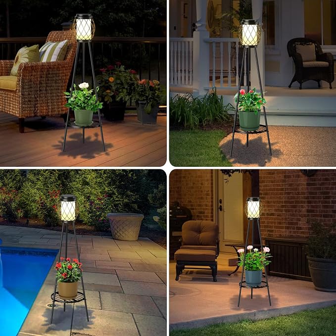 MXwcy 2-in-1 Solar Lights Outdoor with Plant Stand, Waterproof Vintage Solar Floor Lamp & Metal Planter Holder, Tall Geometric Lantern Tripod for Patio, Garden, Yard, Porch Decor (2 Pack)
