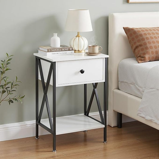 VECELO Nightstands Set of 2, Modern Bedside End Tables, Night Stands with Drawer and Storage Shelf for Living Room Bedroom, Industrial Metal Frame