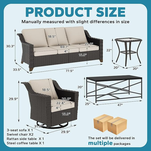 5 Pieces Outdoor Conversation Furniture Set - 77" Patio Sofa, 2 Swivel Rocker Chairs, 1 Side Table, 1 Metal Coffee Table, Patio Wicker Couch Set with Washable Cushions for Porch (Beige)
