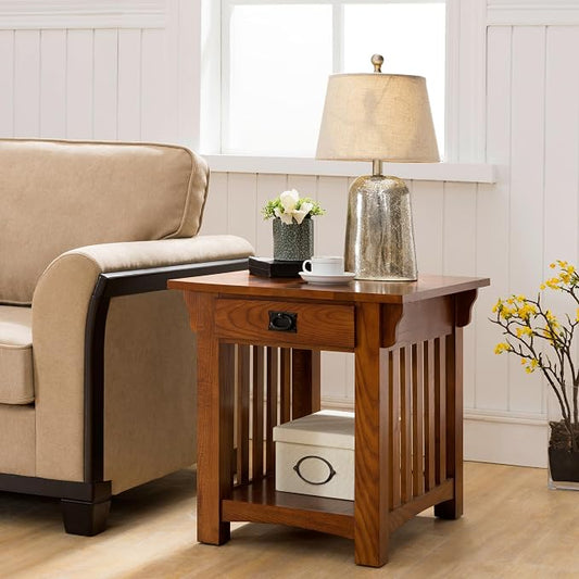 Leick Home Mission End Table, Solid Wood Construction, 1 Storage Drawer, Bottom Display Shelf, Slatted Sides, Easy-Assembly, Medium Oak, 25.0 in. W x 22.0 in. L x 23.0 In. H, 8207
