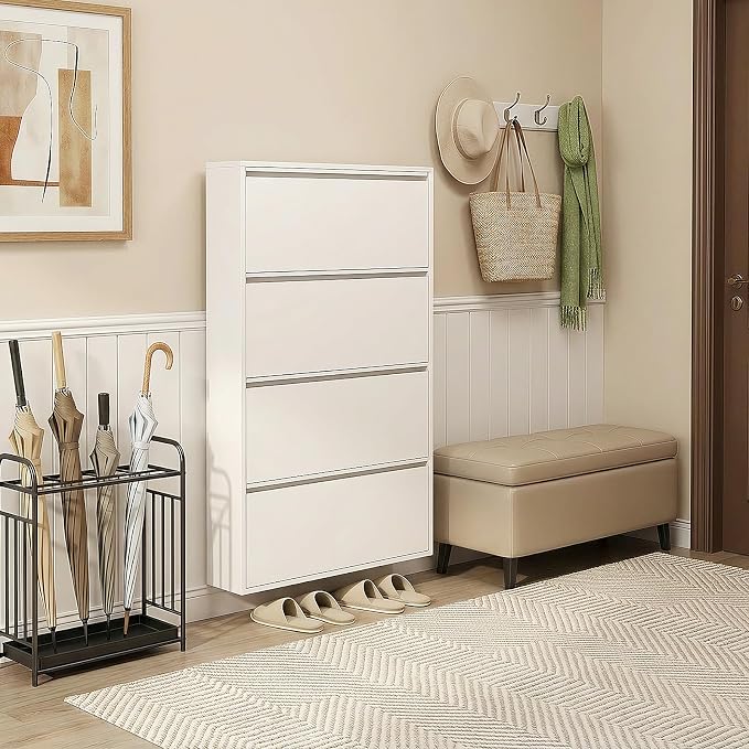 Shoe Cabinet with 4 Flip Drawers, Slim Metal Wall-Mounted Shoe Storage Organizer for Entryway, Hallway, Mudroom, Hidden Narrow Rack, White