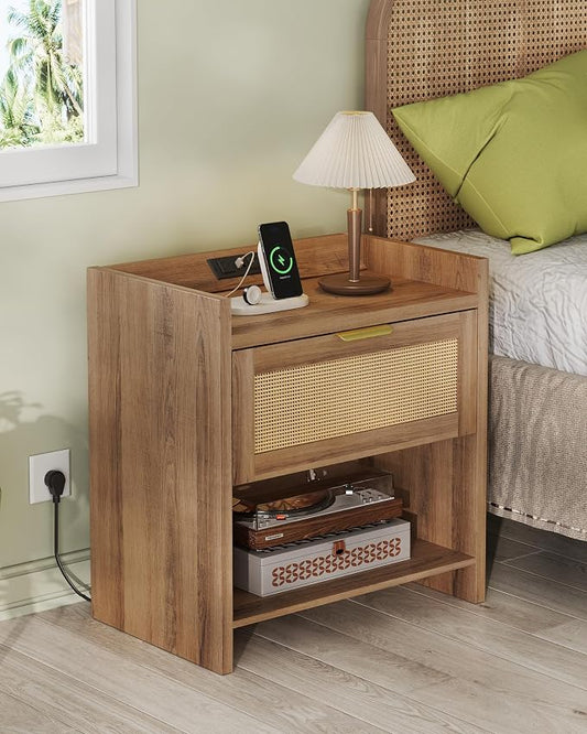 WLIVE Rattan Nightstands Set of 2, Night Stand Sets with Charging Station, Boho Bed Side Table with Storage Drawer and Open Shelf, End Tables Bedroom, Natural Oak