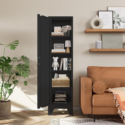 COFaR Tall Bathroom Cabinet, Metal Farmhouse Narrow Slim Storage Cabinet with Adjustable Shelves Barn Door for Bathrooms, Kitchens, Entrances Living Room (Black)