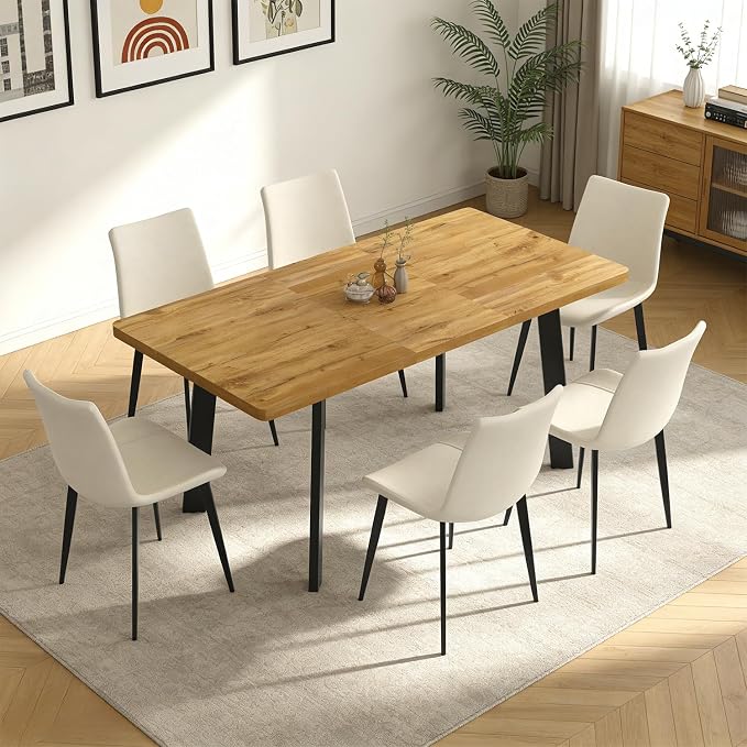 Extendable Dining Table Set for 4 to 8 People, 47.2" to 63" Modern Kitchen Table Set with 6 Leather Chairs, MDF Dining Room Table and Chairs with Removable Extension Leaf (Walnut Table+White Chairs)