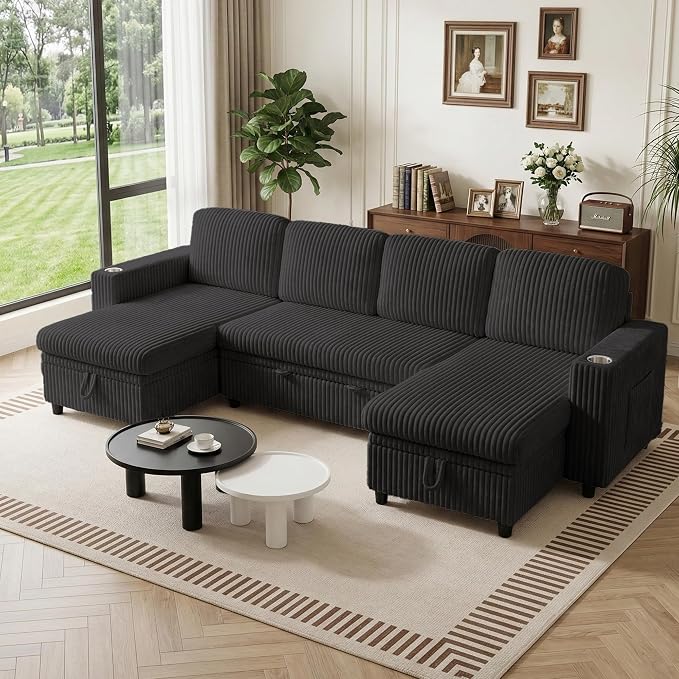 Modular Sectional Sleeper Sofa with Pull Out Bed, Plush Corduroy U Shaped Couch with Storage Chaise, USB Ports, Cup Holders, Comfy Sectional Couches for Living Room, Black