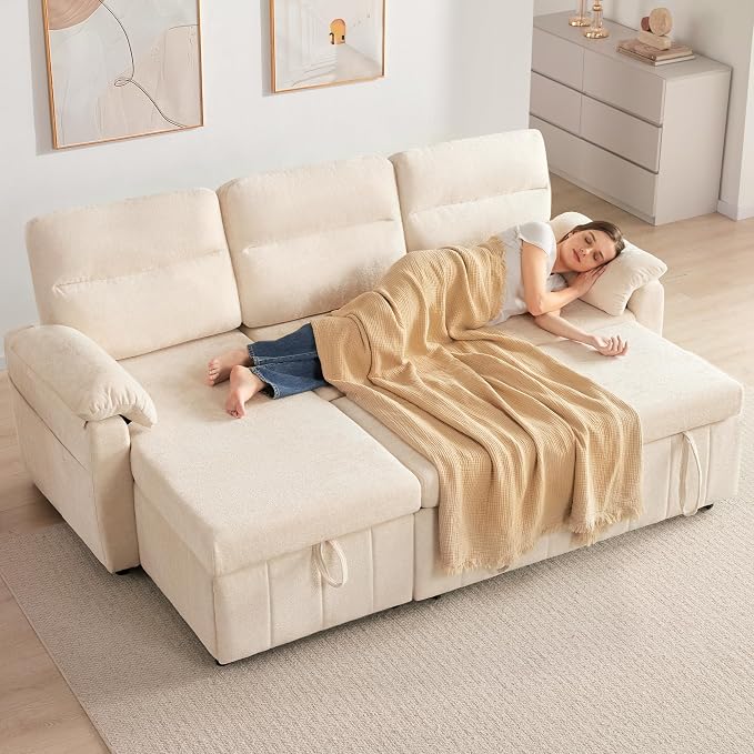 Tbfit 84'' Pull Out Sofa, 3 in 1 Sleeper Sofa Couch with USB & Storage Chaise, Cloud Sofa Bed with Pull Out Bed, Chenille Convertible Sleeper Sofas for Living Room, Small Spaces, Beige