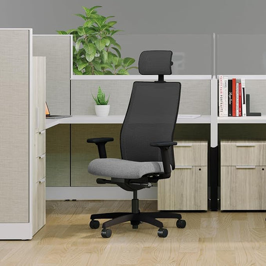 HON Ignition 2.0 Big and Tall Ergonomic Mesh Office Chair with Headrest, 450 lb Capacity, Extra‑Wide High‑Back Desk Chair with Adjustable Arms, Lumbar Support, Tilt Recline, Black Frame, Ash