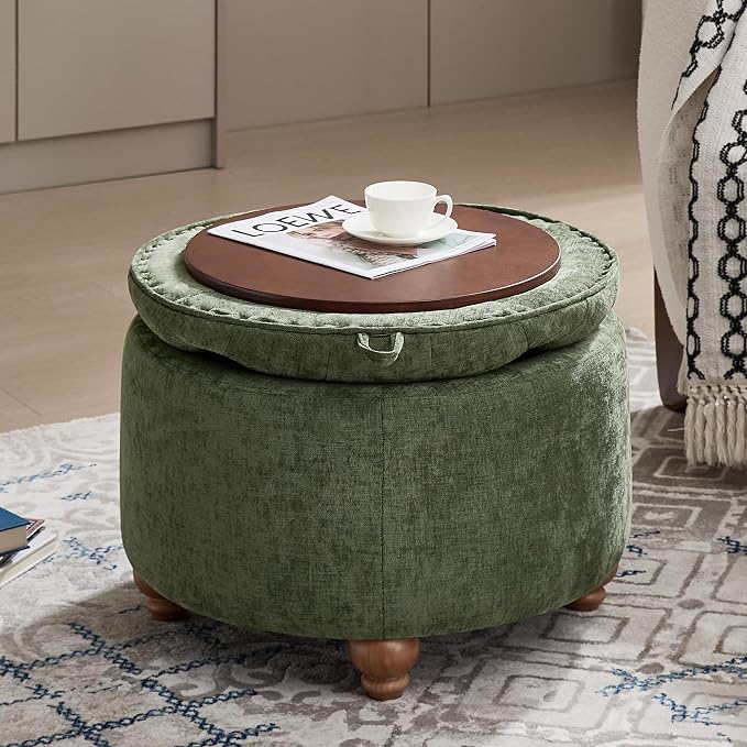 WUTUTUEE 24Inch Round Storage Ottoman with Tray, Modern Tufted Circle Coffee Table with Storage, Upholstered Ottoman with Removable Top for Living Room, Bedroom, Chenille Green