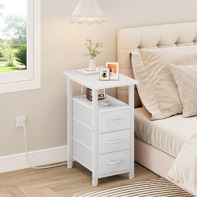 Vagusicc White End Table with Charging Station, Narrow Side Table, Narrow Nightstand with 3 Fabric Drawers, Slim Sofa Side Table for Small Spaces, Small Night Stand for Bedroom, White