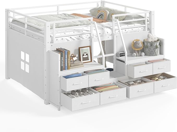 Bellemave Low Loft Bed Full Size with Storage Shelves & Fabric Drawers, Metal Full Loft Bed for Kids with LED Lights & Under-Bed Play Area, Low Loft Bed Frame for Bedroom, No Box Spring Needed, White