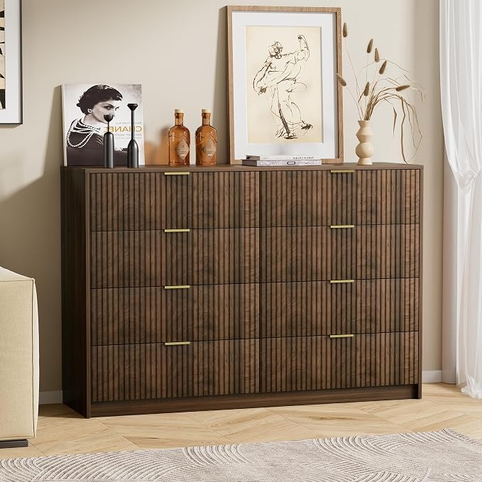 Furniway Walnut Dresser for Bedroom, Modern Dresser with 8 Drawers and Smooth Slides, Wide Chest of Drawers with Golden Handles for Bedroom, Closet, 15.7" D x 55" W x 37.4" H