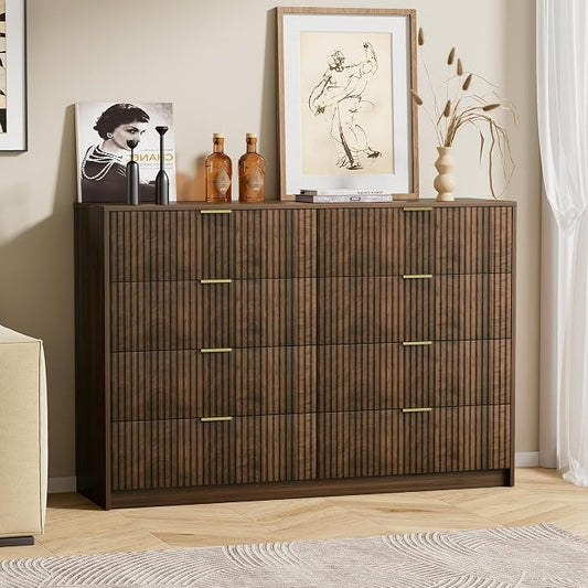 Furniway 3 Piece Bedroom Set, 8 Drawer Dresser and 3-Drawer Nightstand Set of 2 with Gold Handles, Mid-Century Modern Wood Chest of Drawers Storage Cabinet for Bedroom, Walnut