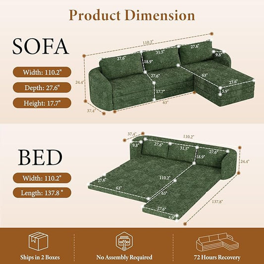 Vesgantti 6 in 1 Convertible Folding Sleeper Sofa Bed, 110.2" Boneless Sectional Couch with Curved Armrest, Chenille Modular Sofa for Living Room, No Assembly Required, Green, Right Facing Chaise