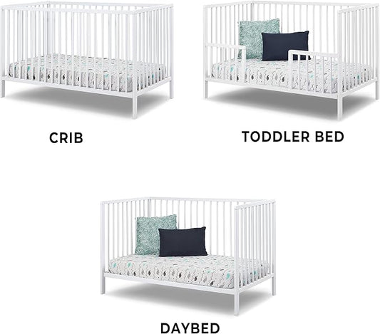 Sorelle Furniture Happy 3-in-1 Convertible Crib, Baby Crib to Toddler Bed, Sustainable Beech Wood, Non-Toxic Finish, Simplistic Nursery Furniture - White