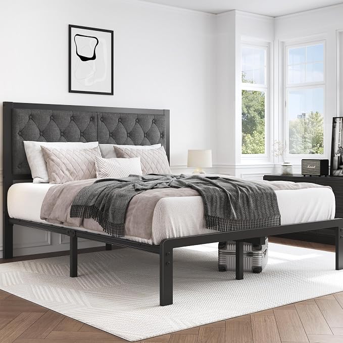 HISOFT Queen Bed Frame with Upholstered Button Tufted Headboard, Bed Frame Platform Metal Slats Support, Under Bed Storage, No Box Spring Needed, Noise-Free, Easy Assembly, Grey