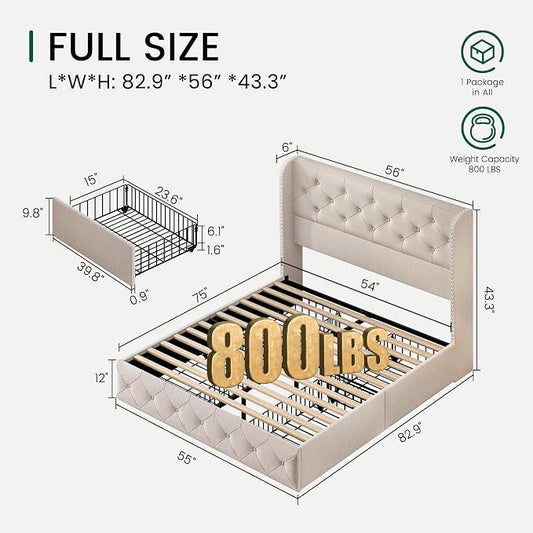 LARMACE Full Size Bed Frame with 4 Storage Drawers and Wingback Headboard Linen Upholstered Platform Bed Frame Tufted Beds with Wooden Slats Support, Easy Assembly, Beige