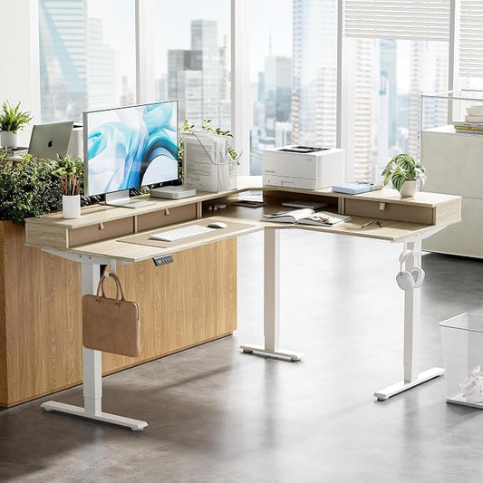 CubiCubi 63x48 Inches L Shaped Standing Desk with 3 Drawers and Monitor Shelf, Height Adjustable Corner Computer Desk with Hooks, Sit Stand Up Ergonomic Home Office Workstation Table, Light Walnut