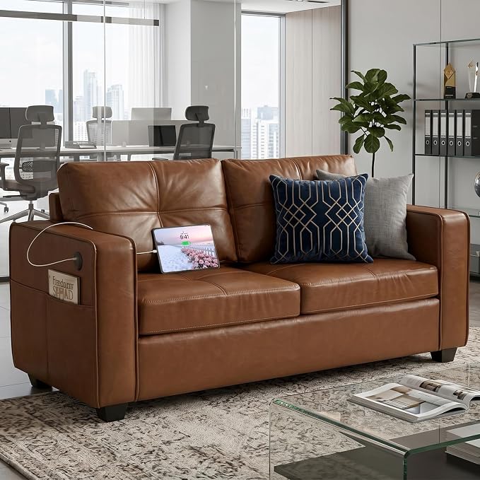 TYBOATLE 65" Faux Leather Love Seat Sofa for Living Room, Modern Tufted Comfy Loveseat w/USB Charging Ports and Wide Arms, 2 Seater Office Small Couch for Small Space Bedroom, Brown