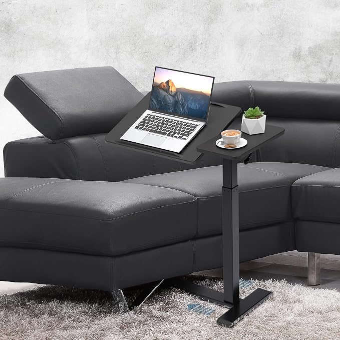 Adjustable Overbed Bedside Table with Hidden Wheels, Pneumatic Tilt Board Rolling Laptop Standing Desk Cart, Mobile Over Bed Sofa Chair Side End Tables, Walnut (Black)