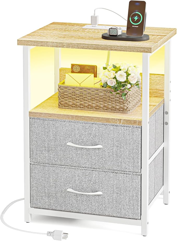 Fixwal Night Stand with Charging Station, LED Nightstand with U-S-B Ports and Outlets, 2 Fabric Storage Drawers with PU Finish, Small Bedside Table, Natural Oak & Light Grey