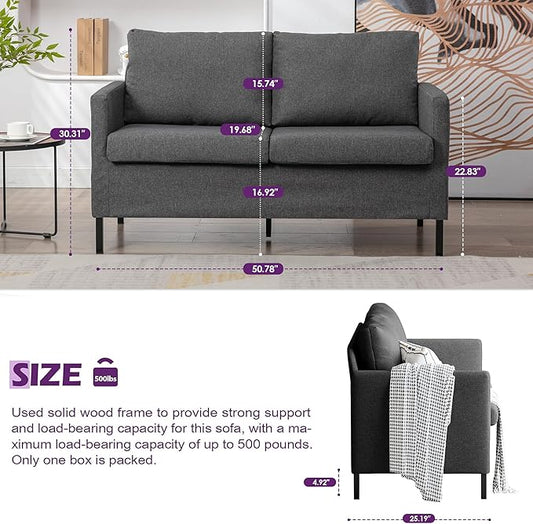 TYBOATLE Linen Fabric Modern Small Loveseat Sofa Couch for Living Room, 51" W Little Upholstered 2-Seater Mini Love Seats w/Iron Legs for Small Space, Apartment, Bedroom, Dorm, Office (Dark Grey)
