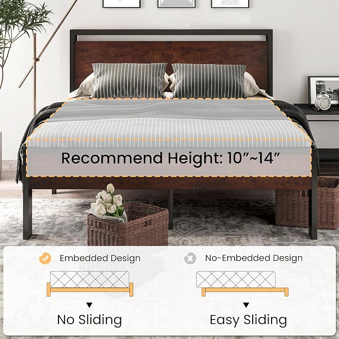 SHA CERLIN 14 Inch Queen Size Metal Platform Bed Frame with Wooden Headboard and Footboard, Mattress Foundation, No Box Spring Needed, Large Under Bed Storage, Non-Slip Without Noise, Mahogany