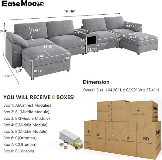 EASE MOOSE Oversized Sectional Modular Sofa,U Shape Grey Modular Sofa