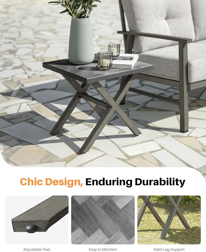 Never-Rust Aluminum Outdoor Side Table, Anti-Rust Outside Patio Side Table with Resin Tabletop, Modern Weather Resistant Square Patio End Table for Yard, Garden, Poolside, Limed Oak