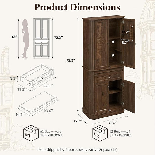 72.2" Tall Kitchen Pantry Cabinet with Doors, Farmhouse Storage Cabinet with Charging Station & LED Light, Drawer, Adjustable Shelves and Pull-Out Shelves, Walnut Wood Pantry Cupboard for Dining Room