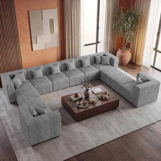 MONVANE Modular Sectional Sofa, Oversized 12 Seat Convertible U Shaped Couch with Ottoman, Comfy Chenille Cloud Couch with Pillow, Sectional Couches for Living Room, No Assembly Required, Light Grey