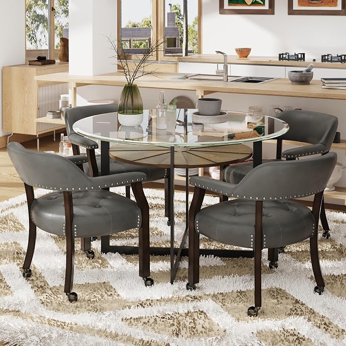 LEEMTORIG Set of 2 Large Dining Chairs with Casters and Arm, Rolling Dining Chairs with Wheel, Poker Table Chairs, Boss Caption's Chairs, 26"D x 25.2"W x 31.5"H, Espresso Legs & Dark Grey, XXY-1910-DG