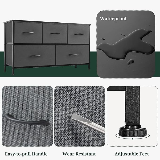 5-Drawer Dresser for Bedroom, Anti-Tip Wide Storage Organizer Fabric Chest of Drawers TV Stand for 45" TV with Wooden Top and Metal Frame for Closet, Living Room, Hallway, Entryway, Gray