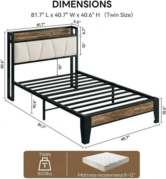 LIKIMIO Twin Bed Frames with Storage Headboard & Charging Station | Upholstered Headboard, Storage Shelf, Solid and Stable, Noise Free, No Box Spring Needed, Easy Assembly (Walnut and Beige)