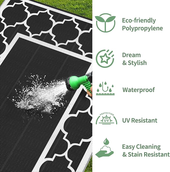 GENIMO 9 ' x 12 ' Outdoor Rug for Patio Clearance, Waterproof Indoor Outdoor Plastic Straw Rugs Carpet, Reversible Outside Area Rv Mat for Camping, Balcony Porch, Deck, Picnic, Beach (Black & White)