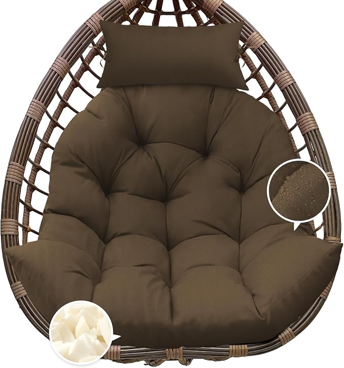 Outdoor Hanging Egg Chair Cushion Replacement, Thicken Egg Chair Cushion Waterproof Basket Eggs Chairs Cushion with Headrest Pillow, U-Shaped Cushions for Hanging Eggs Chairs Swing (Brown)