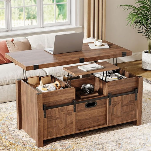 Memobarco 40" Farmhouse Lift Top Coffee Table with Sliding Barn Door,4 in 1 Multi-Function Coffee Tables with Storage Drawers & Hidden Compartment,Converts to Dining Table for Living Room,Walnut