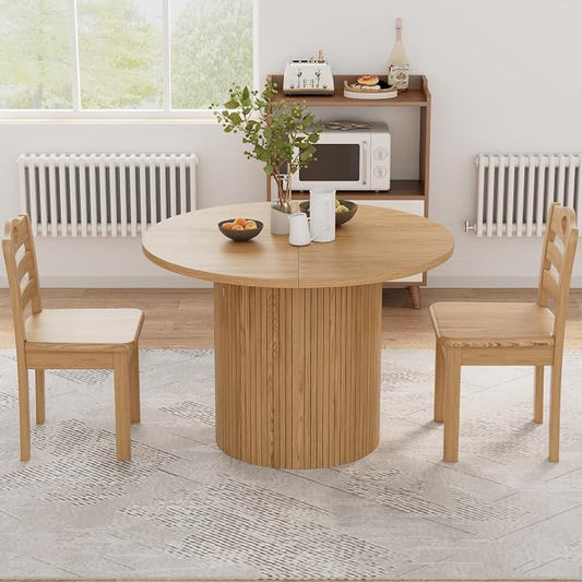 43-95 Inch Oval Extendable Dining Table for 4-10, Fluted Space Saving Round Kitchen Table with 3 Leaf, 2 Storage, Mid Century Modern Long Dining Room Dinner Table for Living Room, Oak, Natural