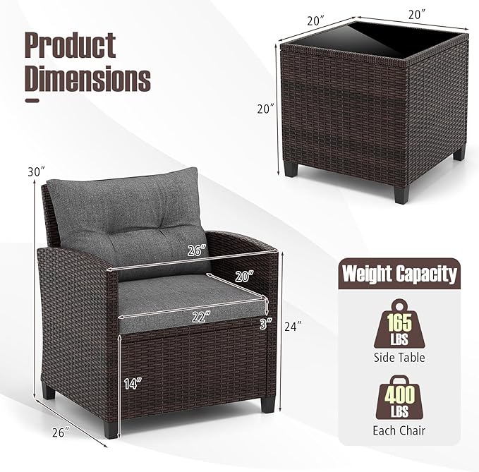 Tangkula 3 Pieces Patio Furniture Set, PE Rattan Wicker 3 Pcs Outdoor Sofa Set w/Washable Cushion and Tempered Glass Tabletop, Conversation Furniture for Garden Poolside Balcony (Grey)