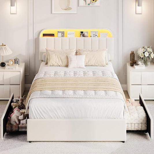 GarveeHome Queen Bed Frame with Storage Headboard, Kids Bed Frame with 2 Drawers, Velvet Upholstered Platform Bed Frame with Lights, No Box Spring Needed, Easy Assembly, Velvet White