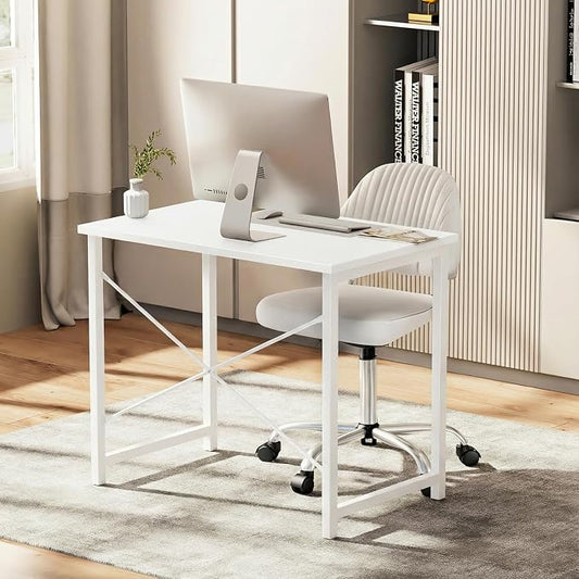 Sweetcrispy Small Computer Office Desk 32 Inch Student Study Writing Work with Metal Frame Wood Tabletop Modern Simple Home Bedroom PC Table - White, 2 Pack